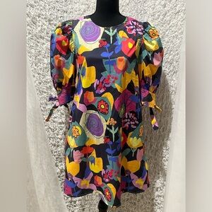 G.GIO USA Colorful Patterned ROUND NECK DRESS, WITH TIE SLEEVES, SIZE S